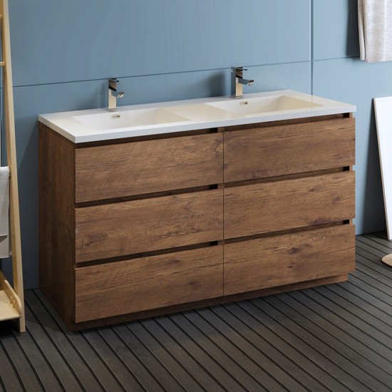 60 Rosewood Free Standing Modern Bathroom Cabinet w/ Integrated Double Sink