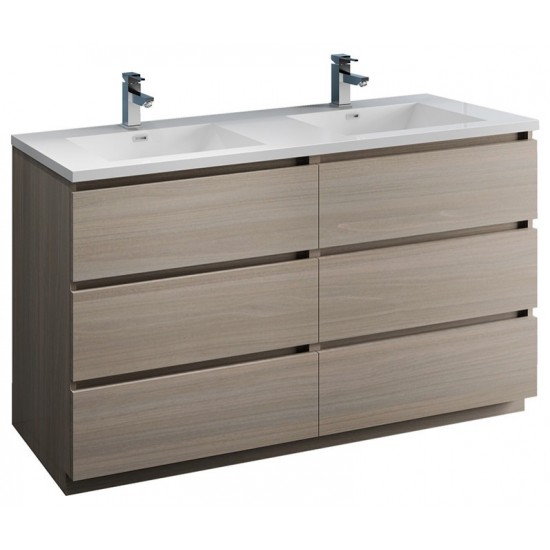 60 Gray Wood Free Standing Modern Bathroom Cabinet w/ Integrated Double Sink