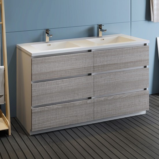 60 Ash Gray Free Standing Modern Bathroom Cabinet w/ Integrated Double Sink