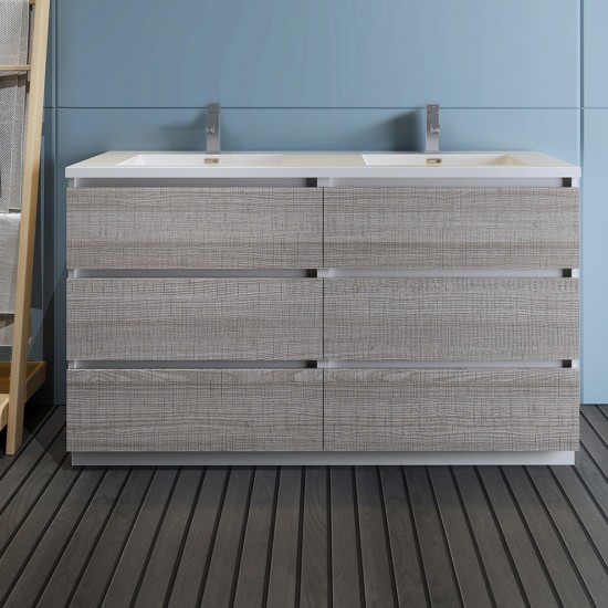 60 Ash Gray Free Standing Modern Bathroom Cabinet w/ Integrated Double Sink