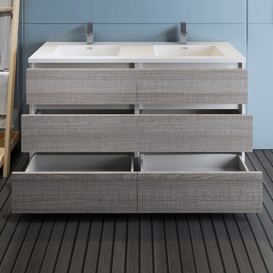 60 Ash Gray Free Standing Modern Bathroom Cabinet w/ Integrated Double Sink