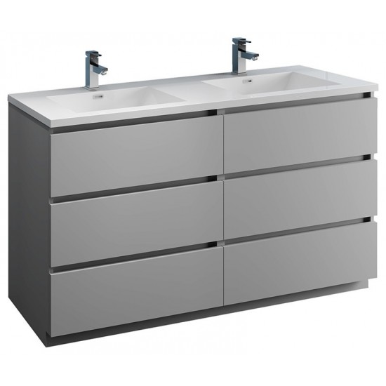 Lazzaro 60" Gray Free Standing Modern Bathroom Cabinet w/ Integrated Double Sink