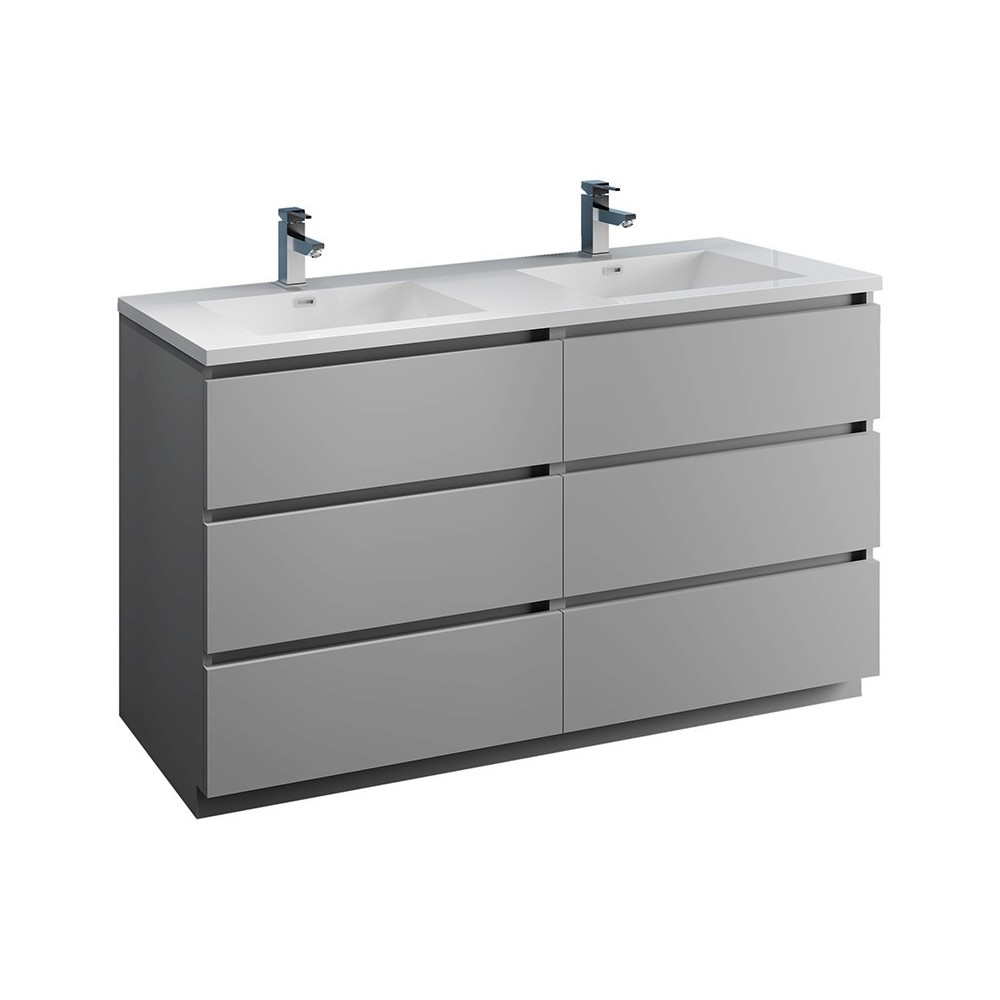 Lazzaro 60" Gray Free Standing Modern Bathroom Cabinet w/ Integrated Double Sink