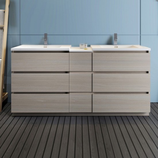 72 Gray Wood Free Standing Double Sink Bathroom Cabinet w/ Integrated Sinks