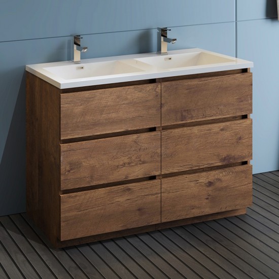 48 Rosewood Free Standing Modern Bathroom Cabinet w/ Integrated Double Sink