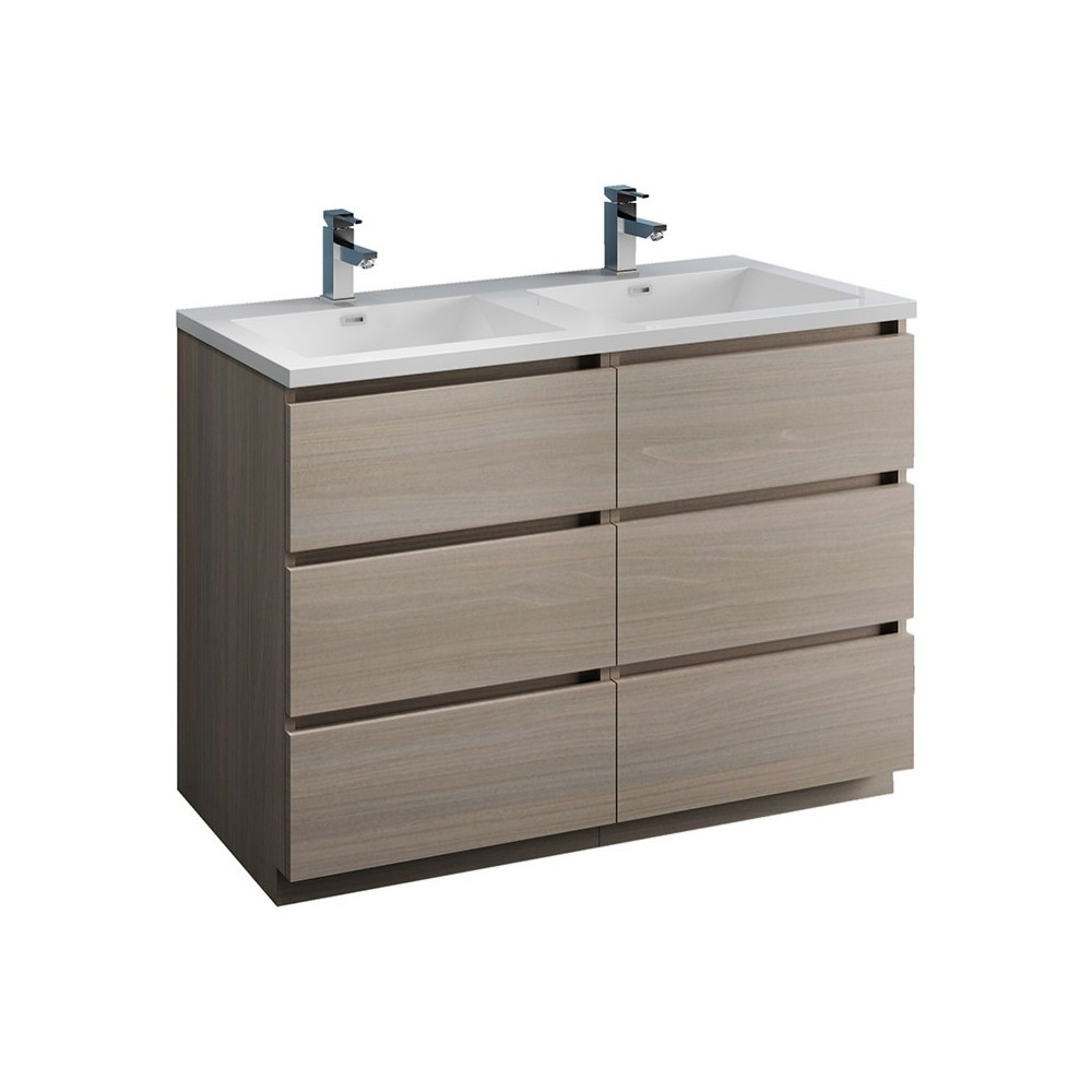 48 Gray Wood Free Standing Modern Bathroom Cabinet w/ Integrated Double Sink