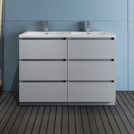 Lazzaro 48" Gray Free Standing Modern Bathroom Cabinet w/ Integrated Double Sink