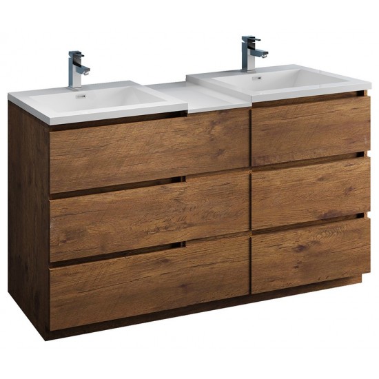 60 Rosewood Free Standing Double Sink Bathroom Cabinet w/ Integrated Sinks