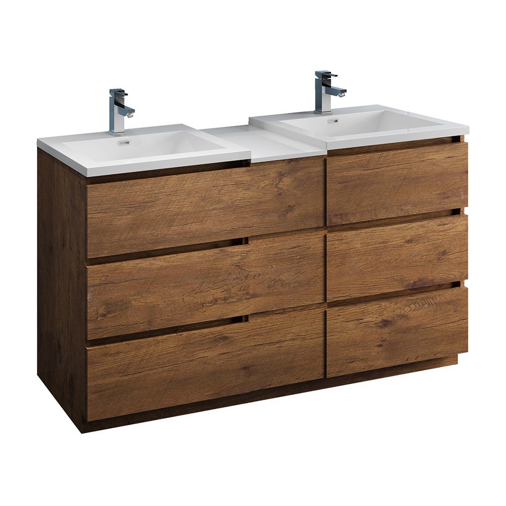 60 Rosewood Free Standing Double Sink Bathroom Cabinet w/ Integrated Sinks