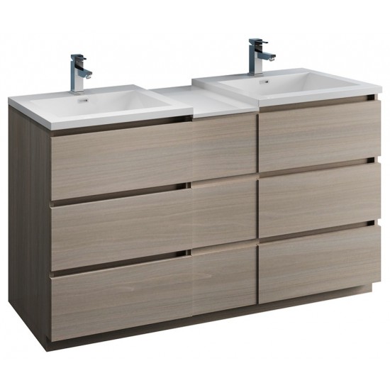 60 Gray Wood Free Standing Double Sink Bathroom Cabinet w/ Integrated Sinks