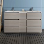 60 Gray Wood Free Standing Double Sink Bathroom Cabinet w/ Integrated Sinks