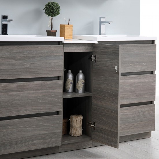 60 Gray Wood Free Standing Double Sink Bathroom Cabinet w/ Integrated Sinks