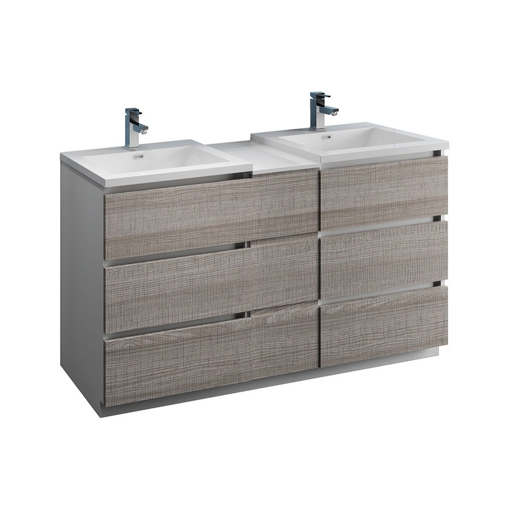 60 Gray Free Standing Dbl Sink Modern Bathroom Cabinet, Integrated Sinks, Senza