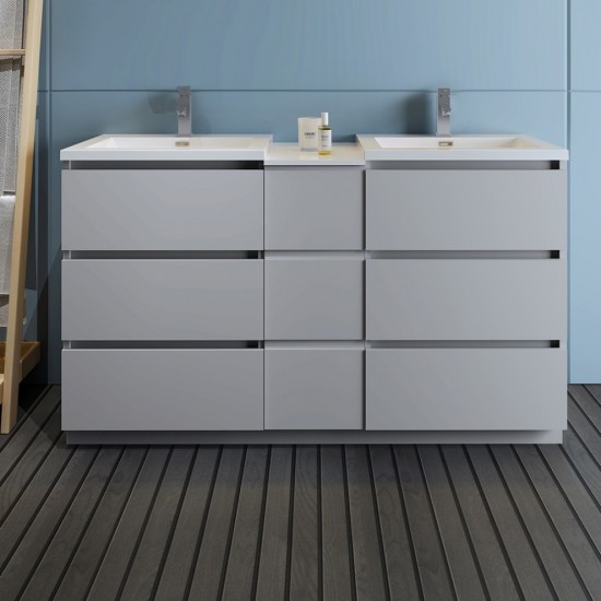 60 Gray Free Standing Double Sink Modern Bathroom Cabinet w/ Integrated Sinks