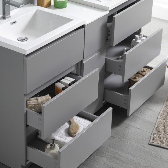 60 Gray Free Standing Double Sink Modern Bathroom Cabinet w/ Integrated Sinks