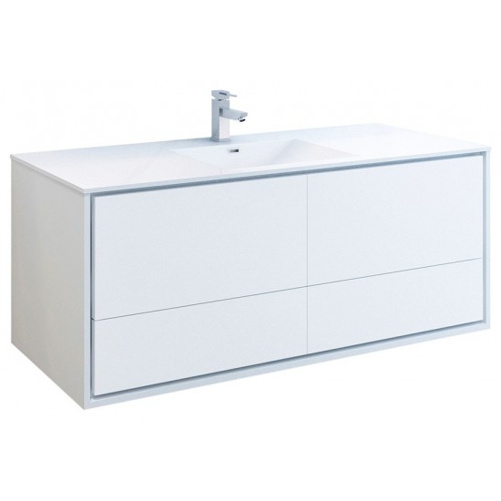 Catania 60 White Wall Hung Modern Bathroom Cabinet w/ Integrated Single Sink