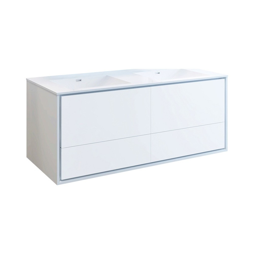 Catania 60 White Wall Hung Modern Bathroom Cabinet w/ Integrated Double Sink