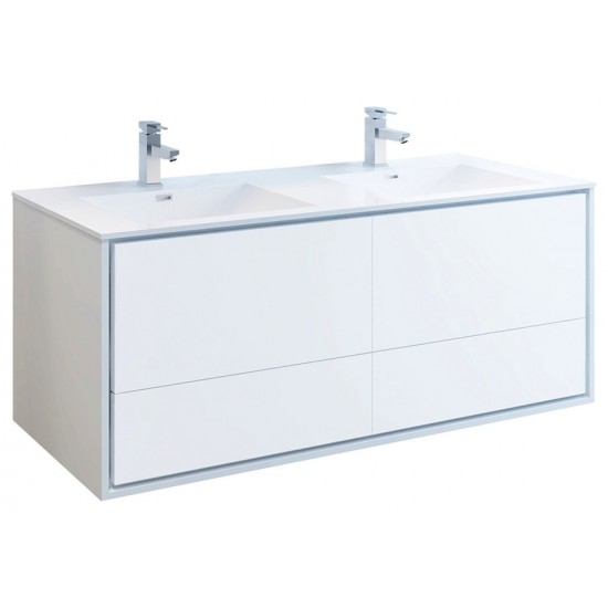 Catania 60 White Wall Hung Modern Bathroom Cabinet w/ Integrated Double Sink