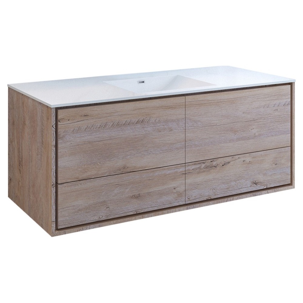 Catania 60 Natural Wood Wall Hung Bathroom Cabinet w/ Integrated Single Sink