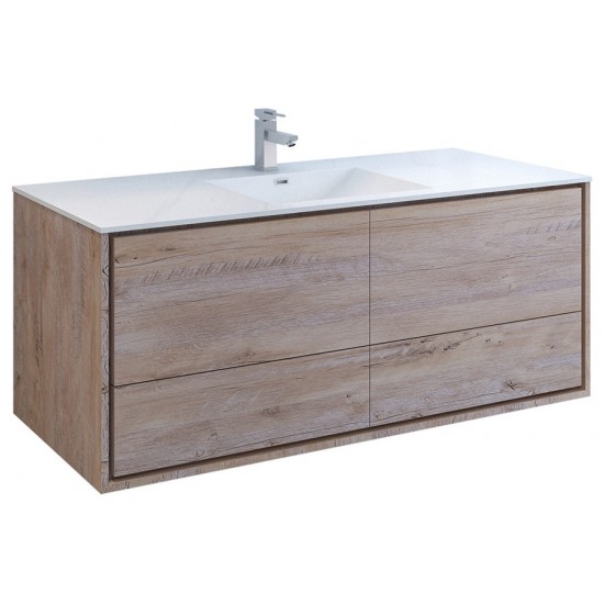 Catania 60 Natural Wood Wall Hung Bathroom Cabinet w/ Integrated Single Sink