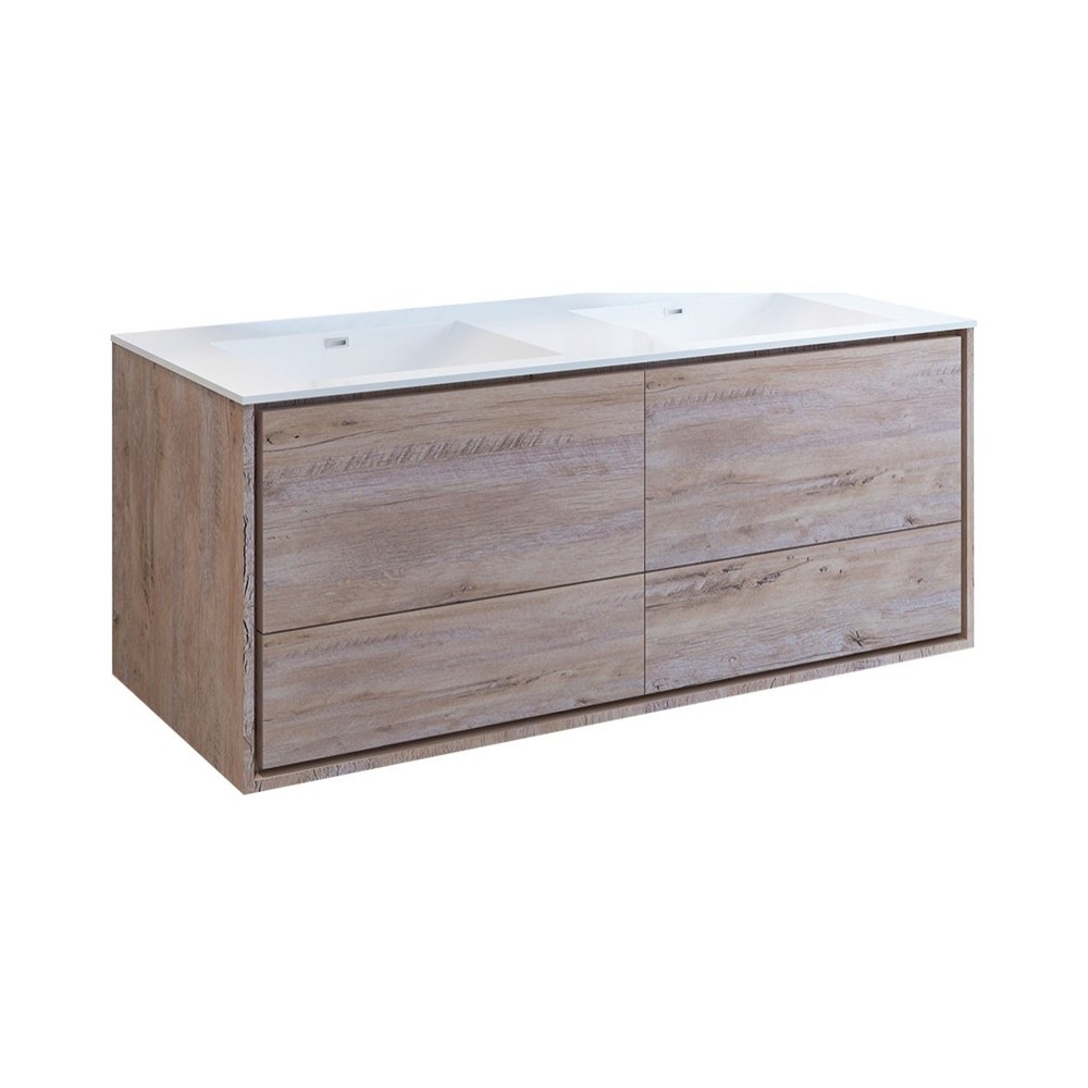 Catania 60 Natural Wood Wall Hung Bathroom Cabinet w/ Integrated Double Sink Catania 60 Natural Wood Wall Hung Bathroom Cabinet w/ Integrated Double Sink