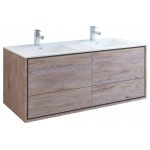Catania 60 Natural Wood Wall Hung Bathroom Cabinet w/ Integrated Double Sink