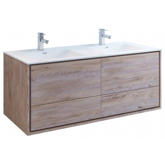 Catania 60 Natural Wood Wall Hung Bathroom Cabinet w/ Integrated Double Sink