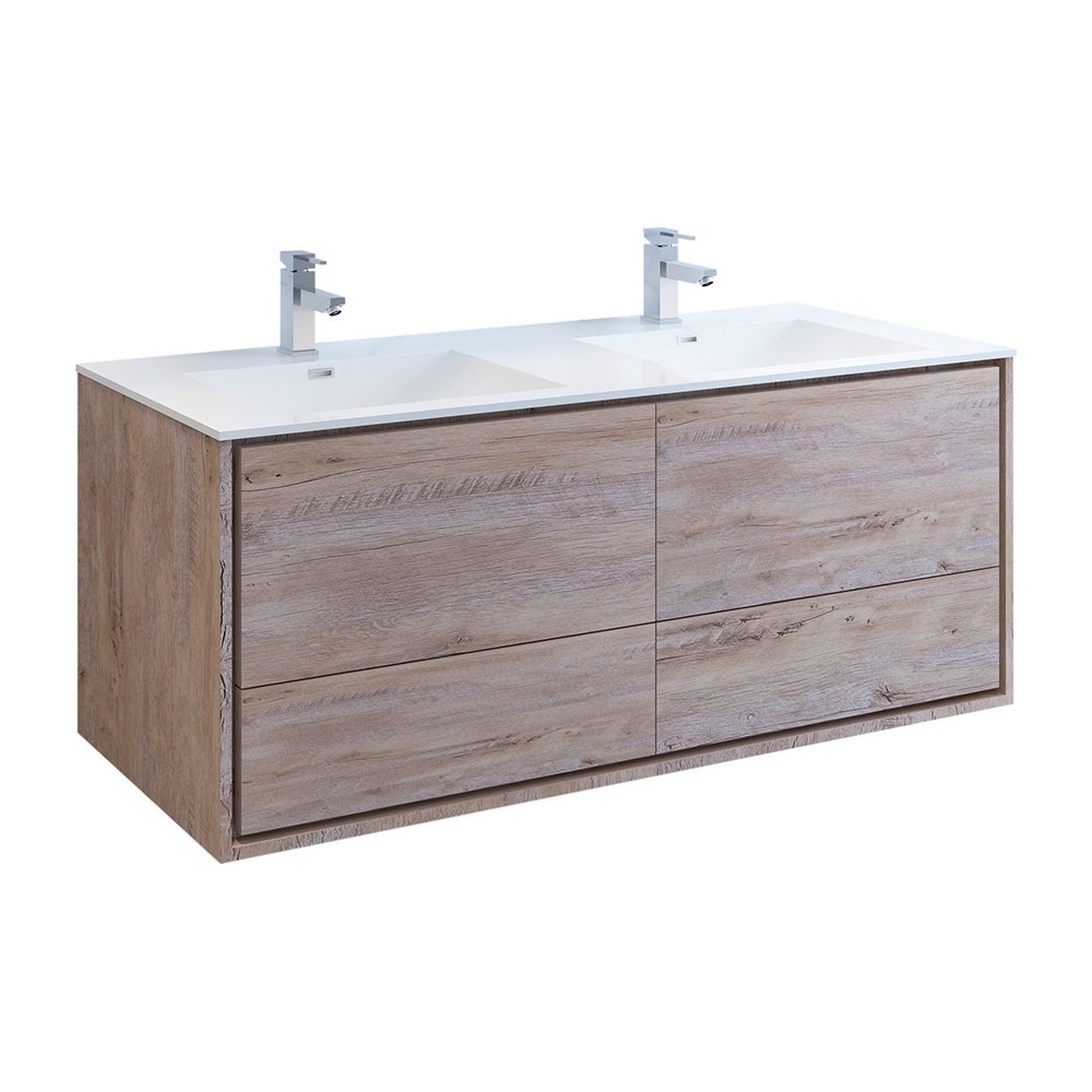 Catania 60 Natural Wood Wall Hung Bathroom w/ Integrated Double