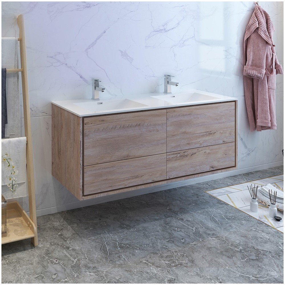 Catania 60 Natural Wood Wall Hung Bathroom w/ Integrated Double