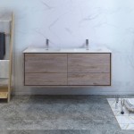 Catania 60 Natural Wood Wall Hung Bathroom Cabinet w/ Integrated Double Sink