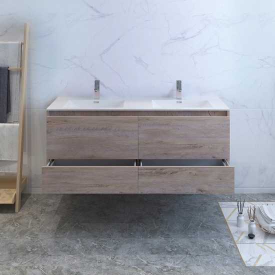 Catania 60 Natural Wood Wall Hung Bathroom Cabinet w/ Integrated Double Sink