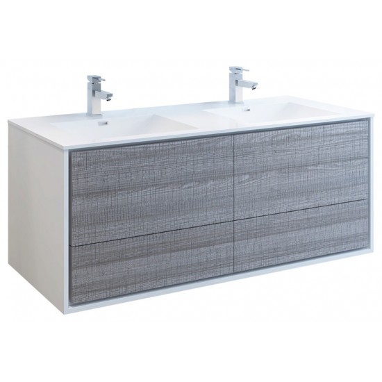 Catania 60 Ash Gray Wall Hung Modern Bathroom Cabinet w/ Integrated Double Sink