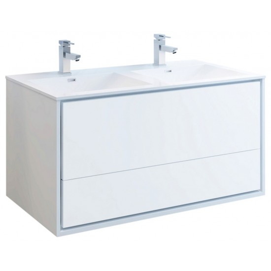 Catania 48 White Wall Hung Modern Bathroom Cabinet w/ Integrated Double Sink