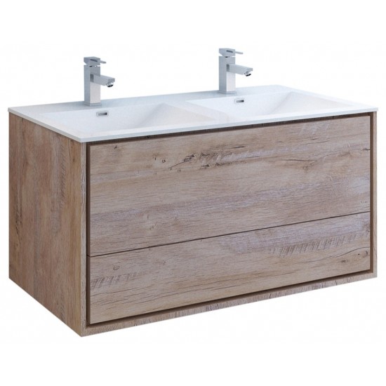 Catania 48 Natural Wood Wall Modern Bathroom Cabinet w/ Integrated Double Sink