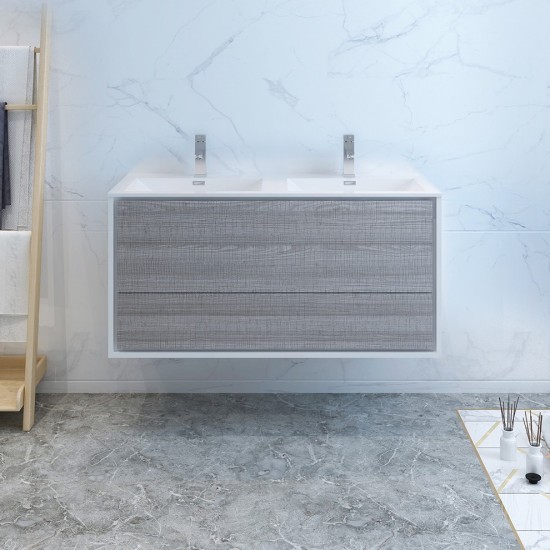 Catania 48 Ash Gray Wall Hung Modern Bathroom Cabinet w/ Integrated Double Sink