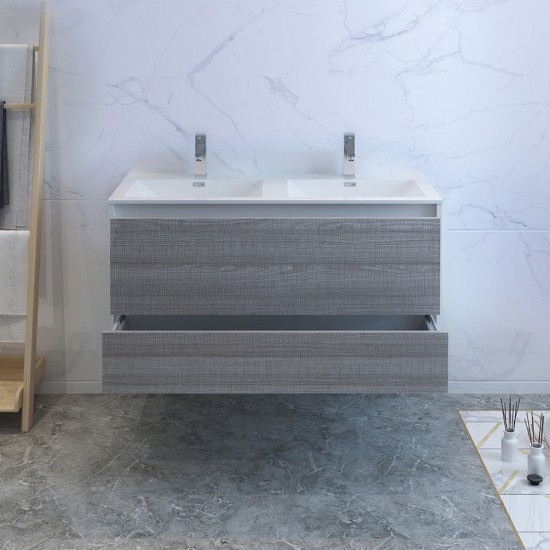 Catania 48 Ash Gray Wall Hung Modern Bathroom Cabinet w/ Integrated Double Sink