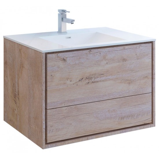 Catania 36 Natural Wood Wall Hung Modern Bathroom Cabinet w/ Integrated Sink