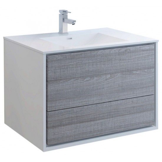 Catania 36" Glossy Ash Gray Wall Hung Modern Bathroom Cabinet w/ Integrated Sink