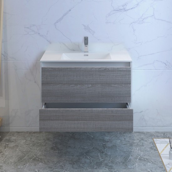 Catania 36" Glossy Ash Gray Wall Hung Modern Bathroom Cabinet w/ Integrated Sink