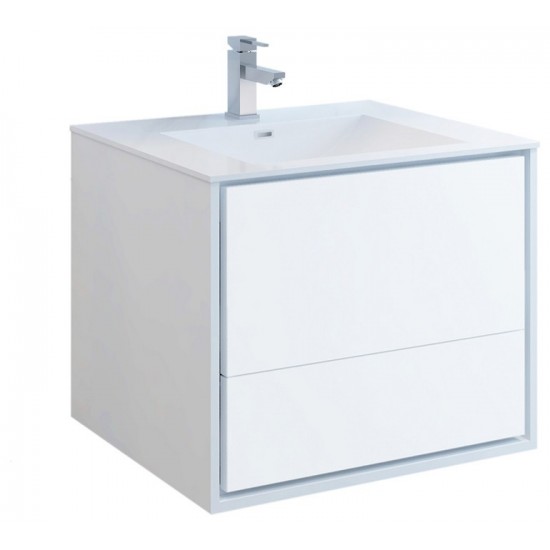 Catania 30" Glossy White Wall Hung Modern Bathroom Cabinet w/ Integrated Sink