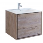 Catania 30 Natural Wood Wall Hung Modern Bathroom Cabinet w/ Integrated Sink