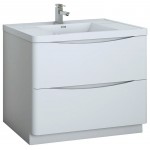 Tuscany 40 Glossy White Free Standing Modern Bathroom Cabinet w/ Integrated Sink