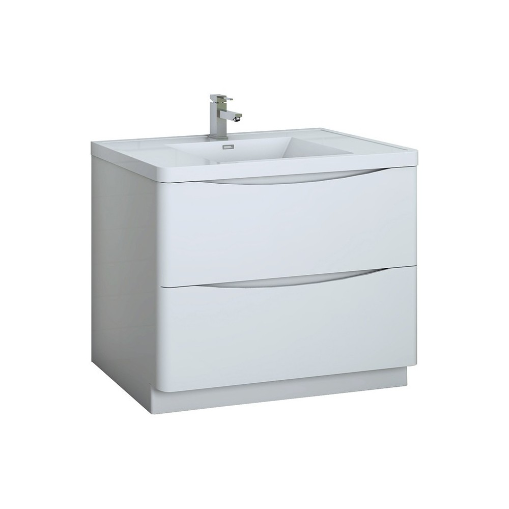 Tuscany 40 Glossy White Free Standing Modern Bathroom Cabinet w/ Integrated Sink