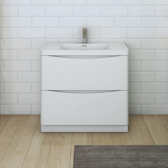 Tuscany 36 Glossy White Free Standing Modern Bathroom Cabinet w/ Integrated Sink