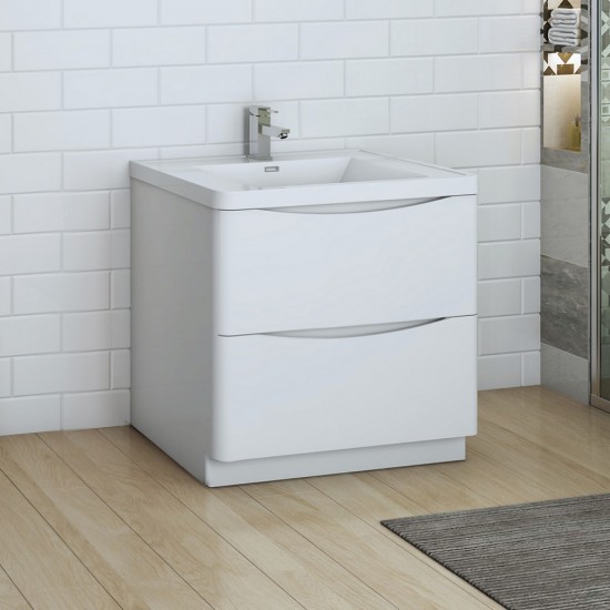 Tuscany 32 Glossy White Free Standing Modern Bathroom Cabinet w/ Integrated Sink