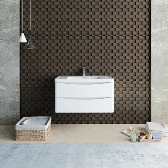 Tuscany 36" Glossy White Wall Hung Modern Bathroom Cabinet w/ Integrated Sink