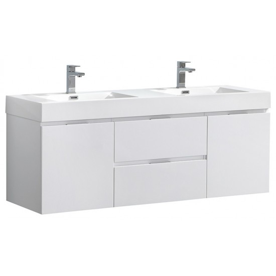 Fresca Valencia 60" Glossy White Wall Hung Double Sink Modern Bathroom Vanity