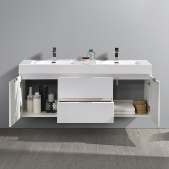 Fresca Valencia 60" Glossy White Wall Hung Double Sink Modern Bathroom Vanity