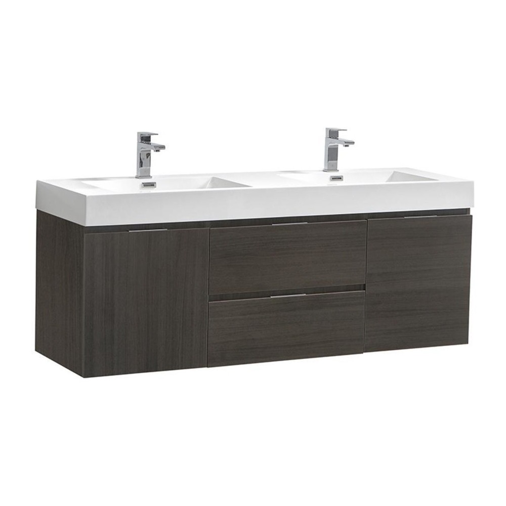 Fresca Valencia 60" Gray Oak Wall Hung Double Sink Modern Bathroom Vanity