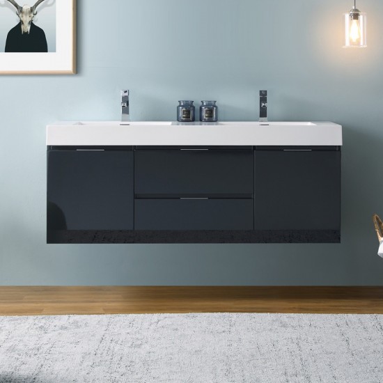 Valencia 60" Dark Slate Gray Wall Hung Double Sink Modern Bathroom Vanity